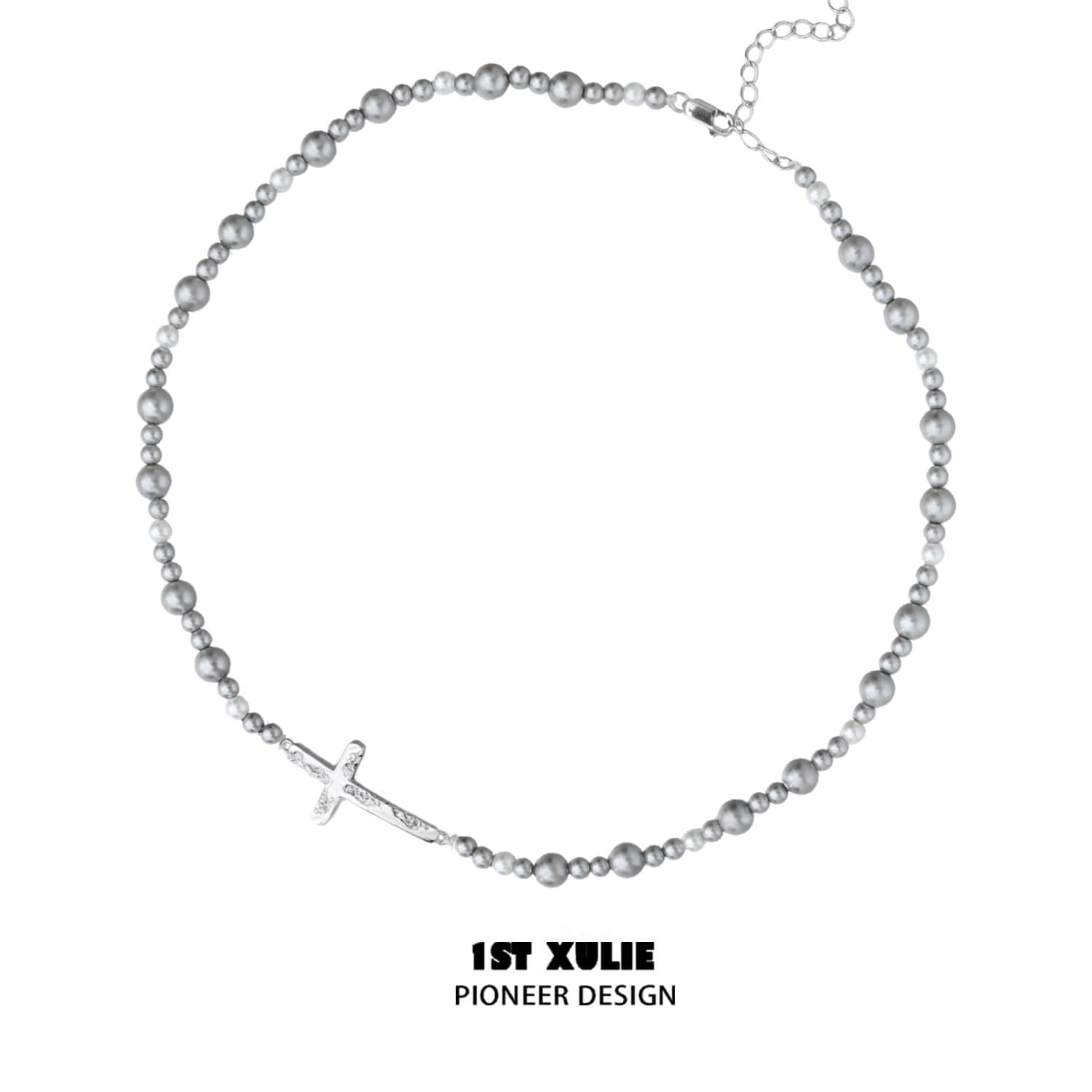 1ST XULIE "Silver Angel" Celestial Star & Gray Pearl Dangle Stud Earrings in Rhodium Plated Brass - On Model Close-up