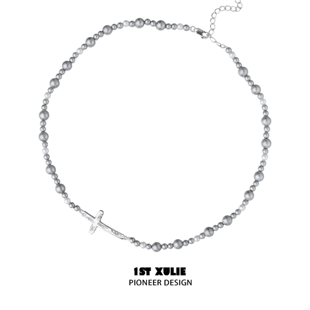 1ST XULIE "Silver Angel" Celestial Star & Gray Pearl Dangle Stud Earrings in Rhodium Plated Brass - On Model Close-up