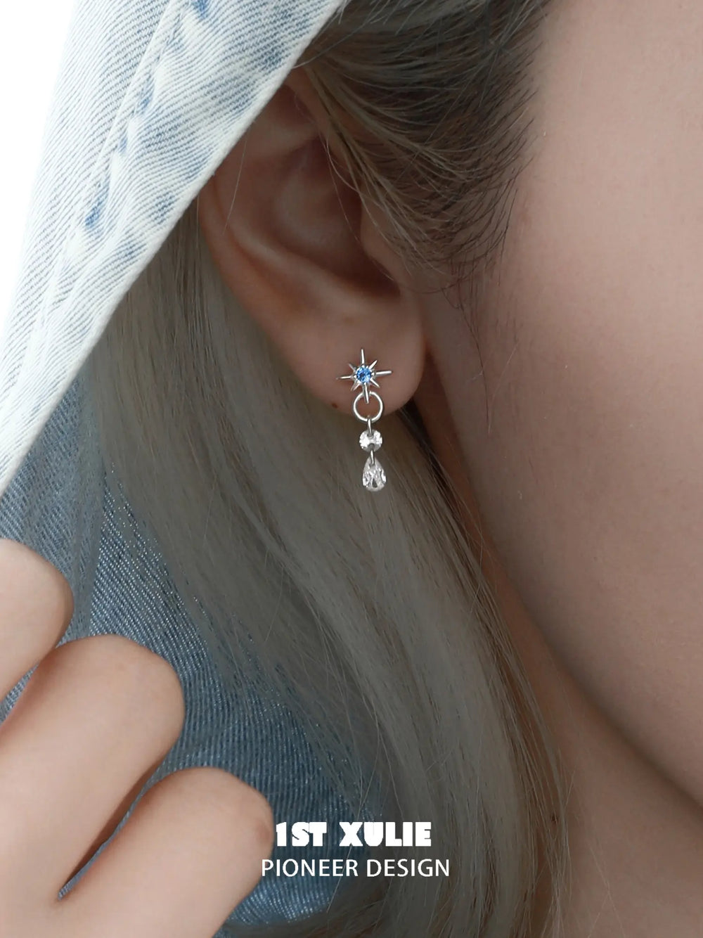 1ST XULIE "Starry Night" Star Trail Climber Stud Earrings in 925 Sterling Silver - Angled View