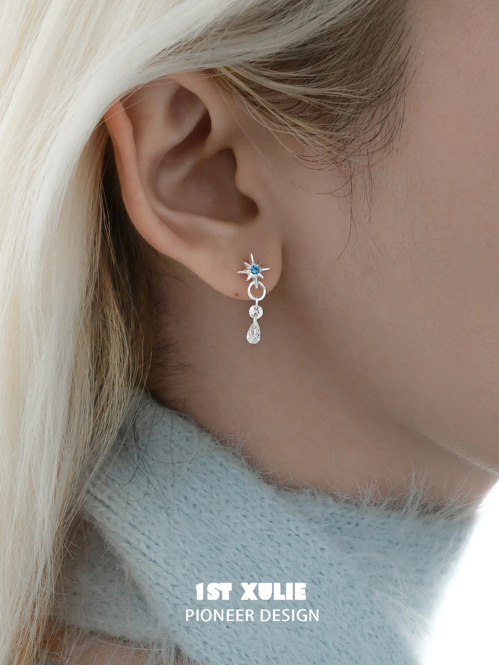 1ST XULIE "Starry Night" Star Trail Climber Stud Earrings in 925 Sterling Silver - Detail Shot