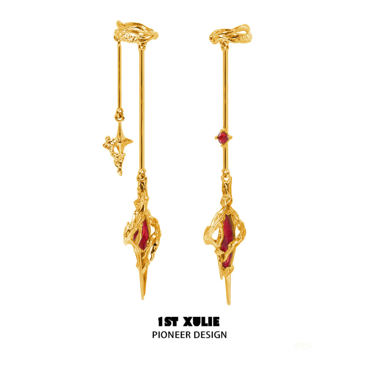 1ST XULIE "Star Trails" Asymmetrical Statement Dangle Ear Cuffs in 24K Gold Plated - Product View