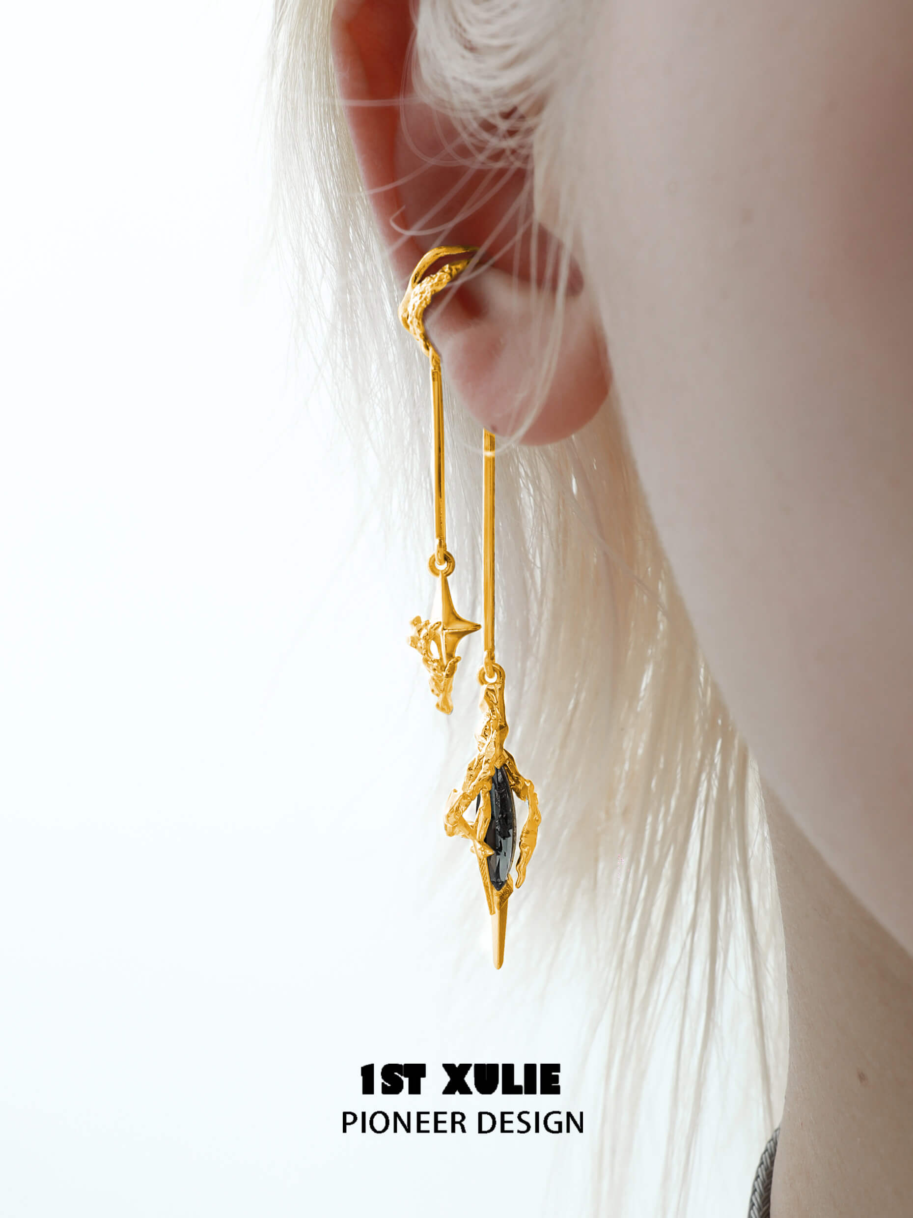 1ST XULIE "Star Trails" Asymmetrical Statement Dangle Ear Cuffs in 24K Gold Plated - On Model Close-Up