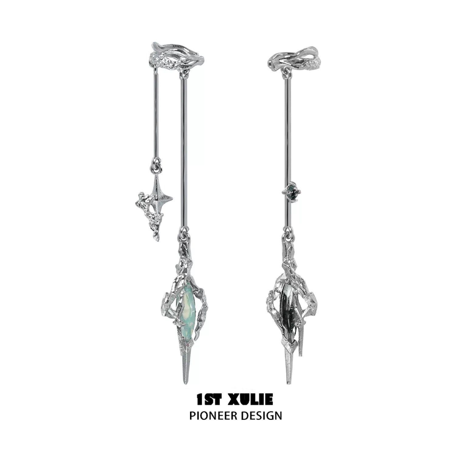 1ST XULIE "Star Trails" Statement Tassel Moissanite Dangle Ear Cuffs in 18K Black Gold Plated - Angled View
