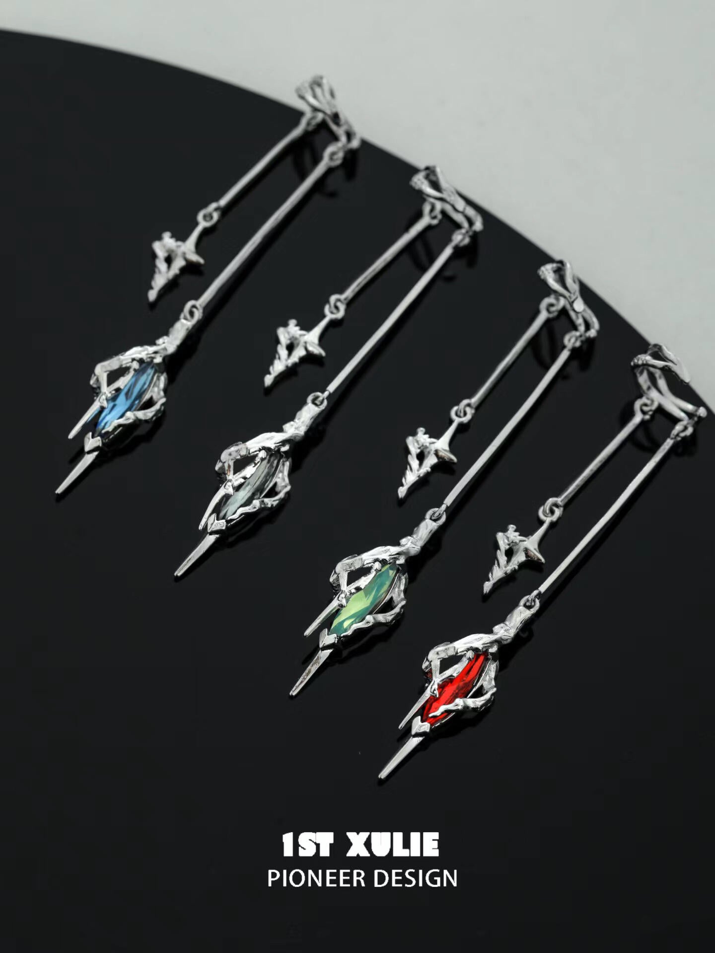 1ST XULIE "Star Trails" Statement Tassel Moissanite Dangle Ear Cuffs in 18K Black Gold Plated - Detail Shot