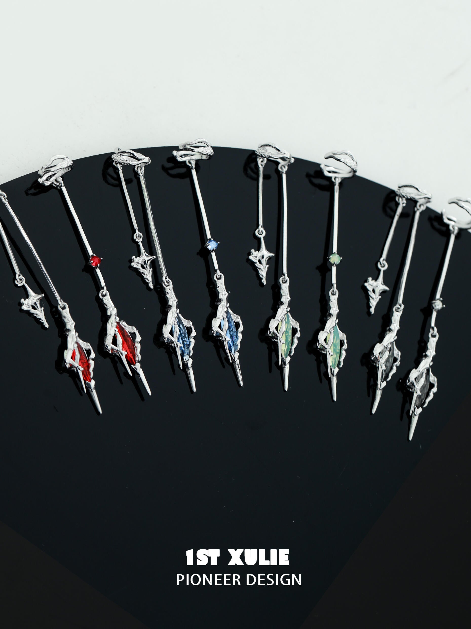 1ST XULIE "Star Trails" Statement Tassel Moissanite Dangle Ear Cuffs in 18K Black Gold Plated - Product View