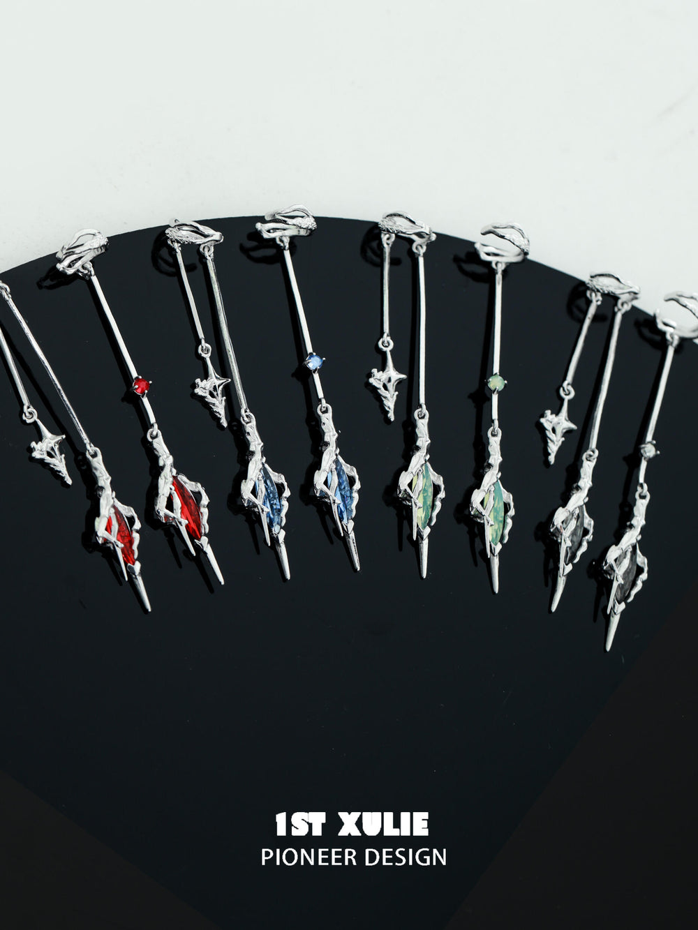 1ST XULIE "Star Trails" Statement Tassel Moissanite Dangle Ear Cuffs in 18K Black Gold Plated - Product View