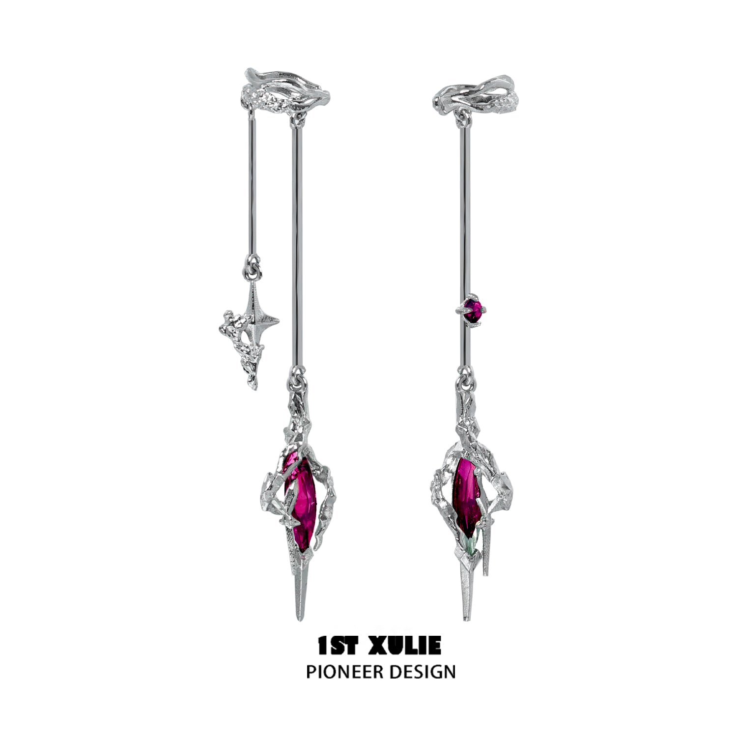 1ST XULIE "Star Trails" Statement Tassel Moissanite Dangle Ear Cuffs in 24K Gold Plated - Angled View
