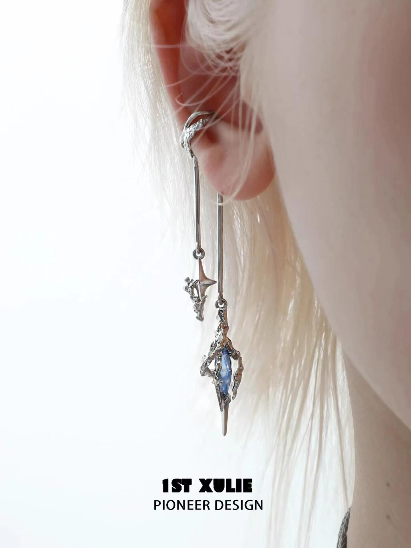 1ST XULIE "Star Trails" Statement Tassel Moissanite Dangle Ear Cuffs in 24K Gold Plated - Product View