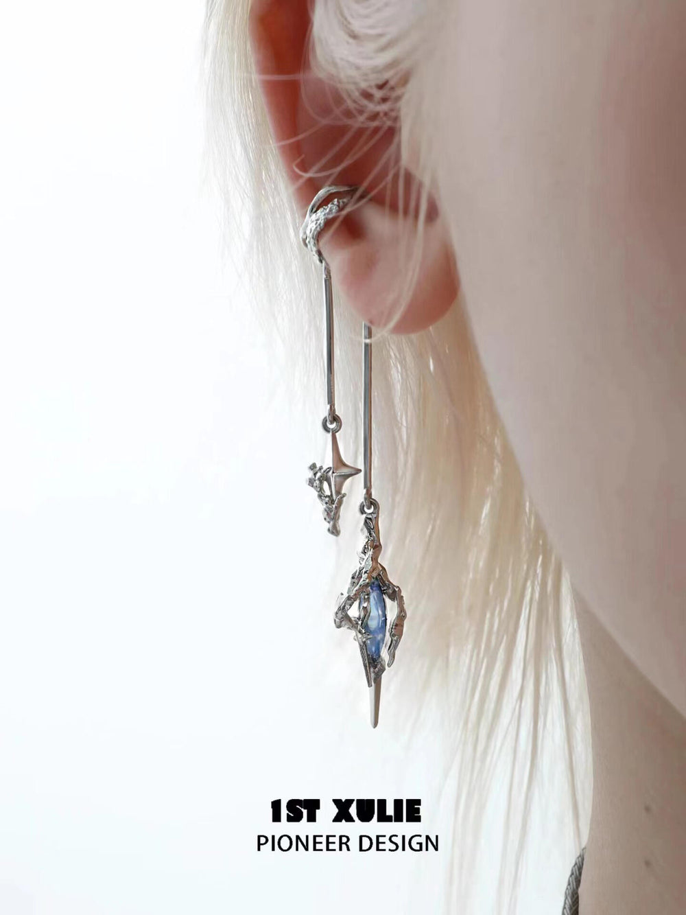1ST XULIE "Star Trails" Statement Tassel Moissanite Dangle Ear Cuffs in 24K Gold Plated - Product View
