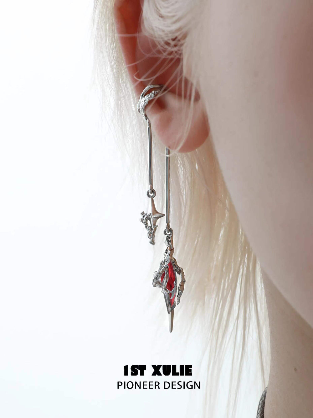1ST XULIE "Star Trails" Statement Tassel Moissanite Dangle Ear Cuffs in Platinum Plated - Detail Shot
