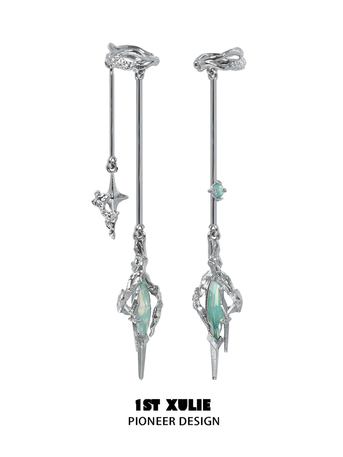 1ST XULIE "Star Trails" Statement Tassel Moissanite Dangle Ear Cuffs in Platinum Plated - On Model