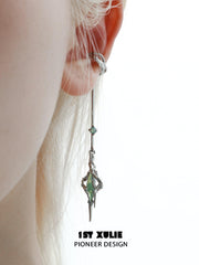 1ST XULIE "Star Trails" Statement Tassel Moissanite Dangle Ear Cuffs in Platinum Plated - On Model Close Up