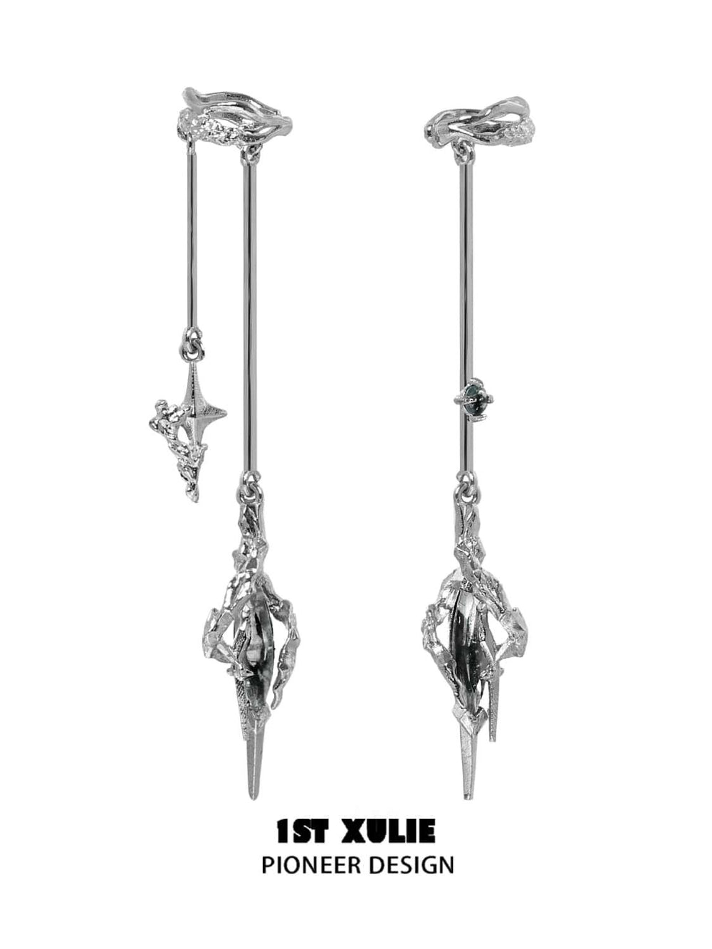 1ST XULIE "Star Trails" Statement Tassel Moissanite Dangle Ear Cuffs in Platinum Plated - On Model Side View