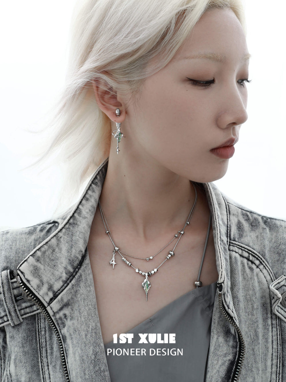 1ST XULIE "Star Trails" Moissanite Pendant Necklace in 24K Gold/Platinum - Angled View