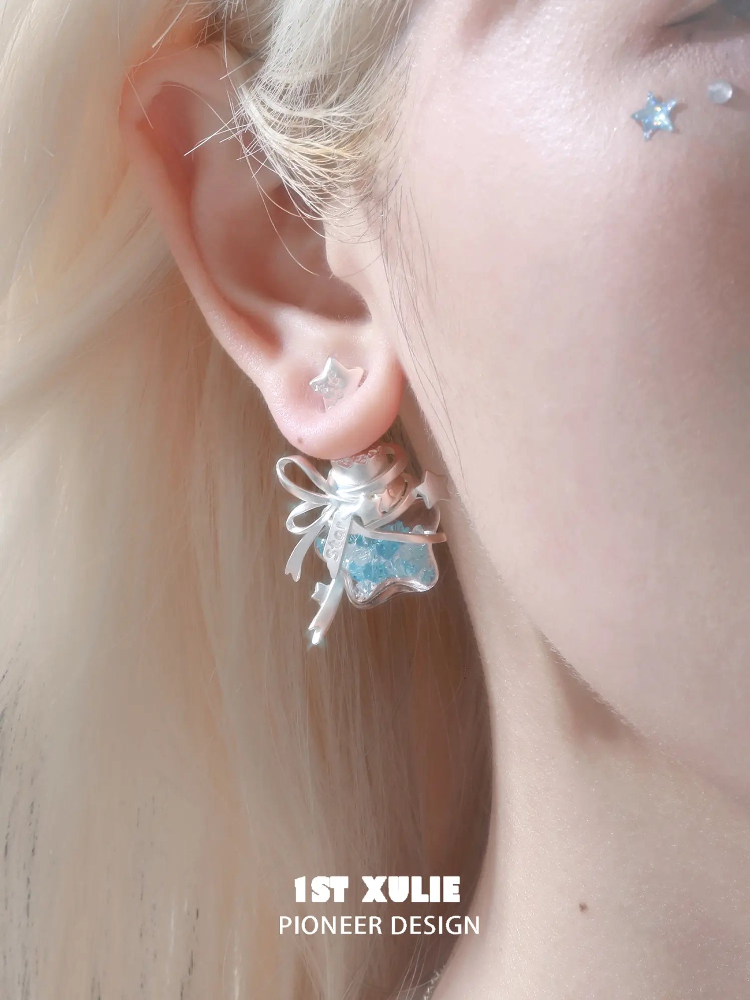 1ST XULIE Jewelry "WISHING STAR" Star Wishing Bottle Stud Earrings in Rhodium Plated - Angle 1