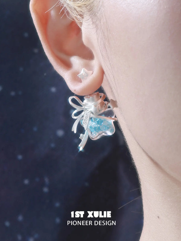 "WISHING STAR" Rhodium Plated Star Wishing Bottle Stud Earrings, Asymmetrical Dangle Earrings
