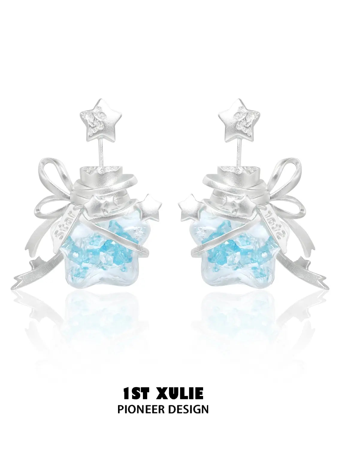 1ST XULIE Jewelry "WISHING STAR" Star Wishing Bottle Stud Earrings in Rhodium Plated - Back View