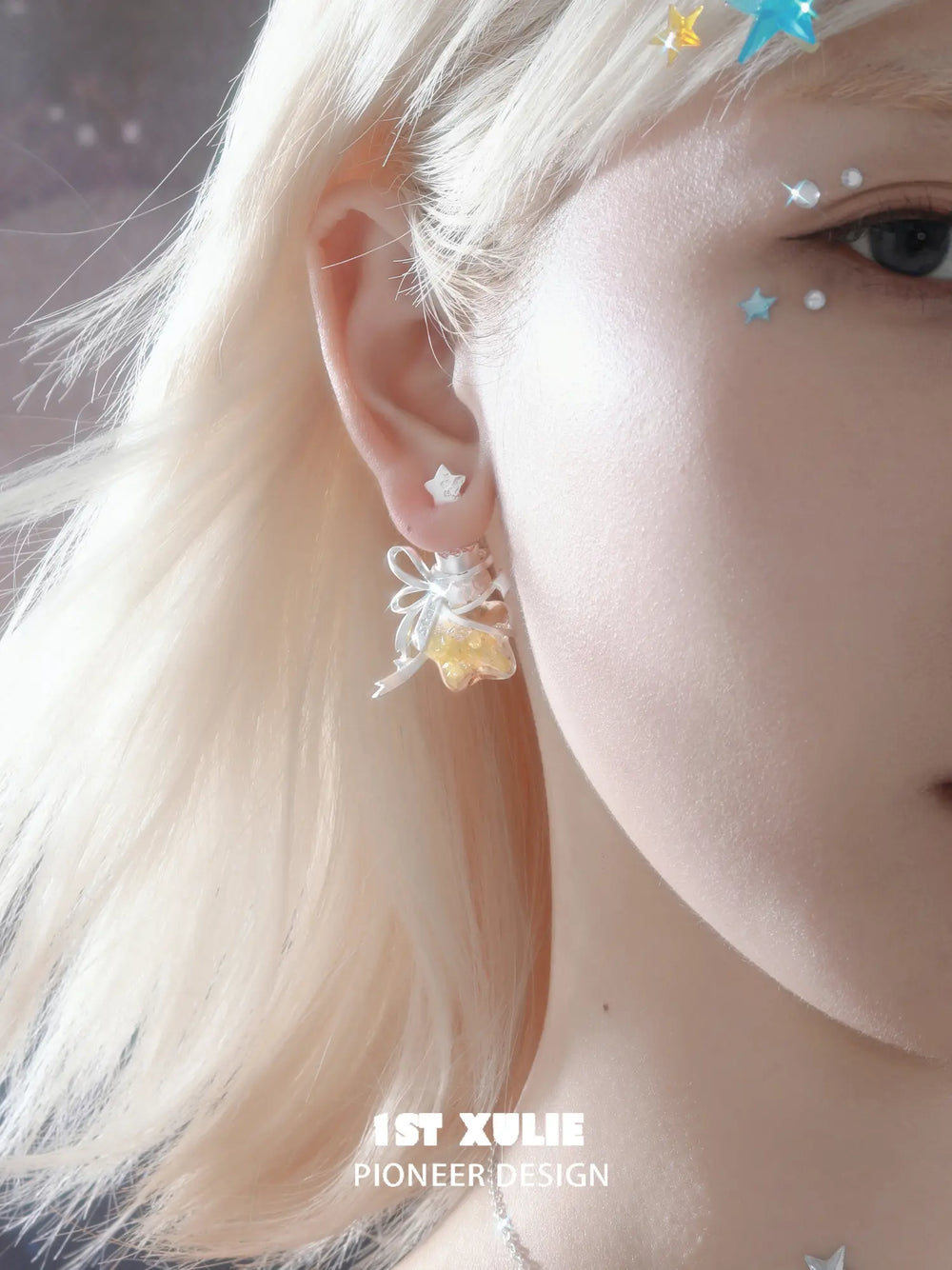 1ST XULIE Jewelry "WISHING STAR" Star Wishing Bottle Stud Earrings in Rhodium Plated - Product View