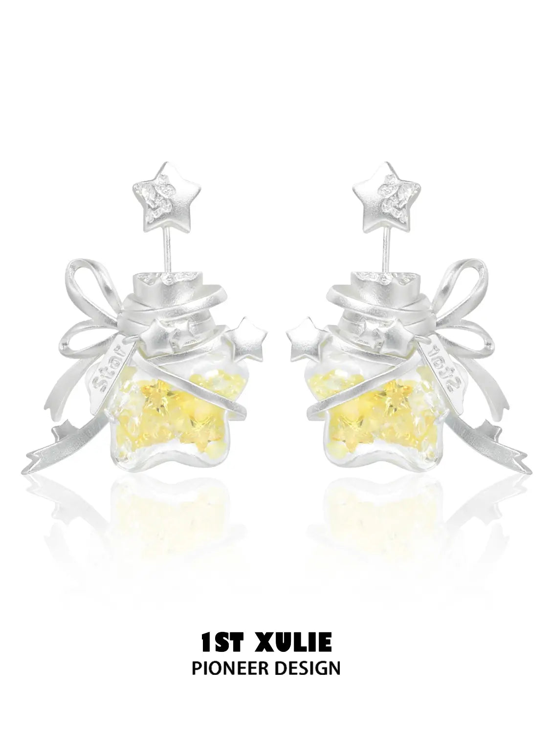 1ST XULIE Jewelry "WISHING STAR" Star Wishing Bottle Stud Earrings in Rhodium Plated - Texture