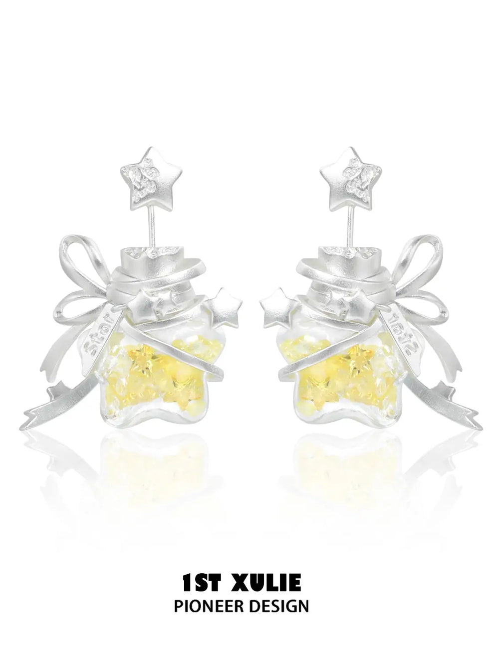1ST XULIE Jewelry "WISHING STAR" Star Wishing Bottle Stud Earrings in Rhodium Plated - Texture