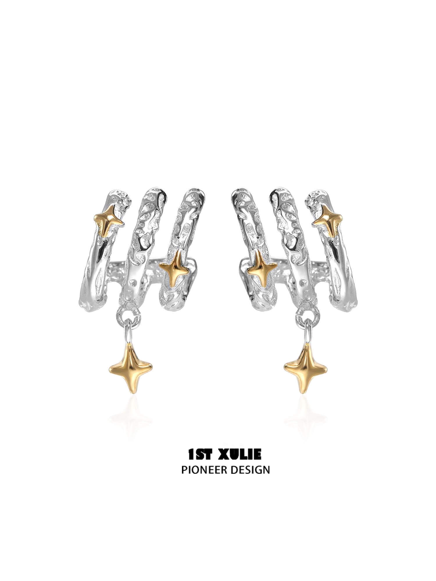 1ST XULIE "Starfall" Celestial Meteorite Stud Earrings in Platinum & Gold - Product View