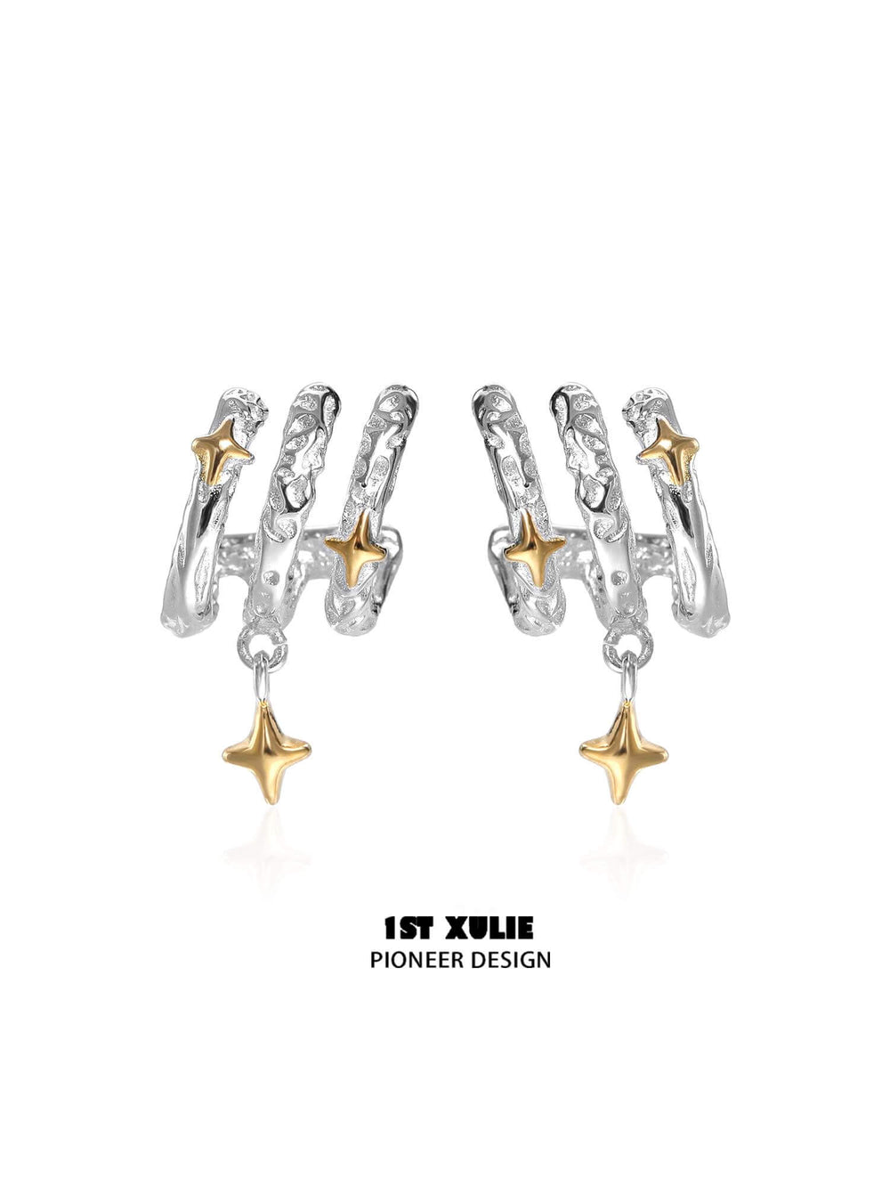 1ST XULIE "Starfall" Celestial Meteorite Stud Earrings in Platinum & Gold - Product View