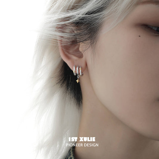 1ST XULIE "Starfall" Celestial Meteorite Stud Earrings in Platinum & Gold - On Model