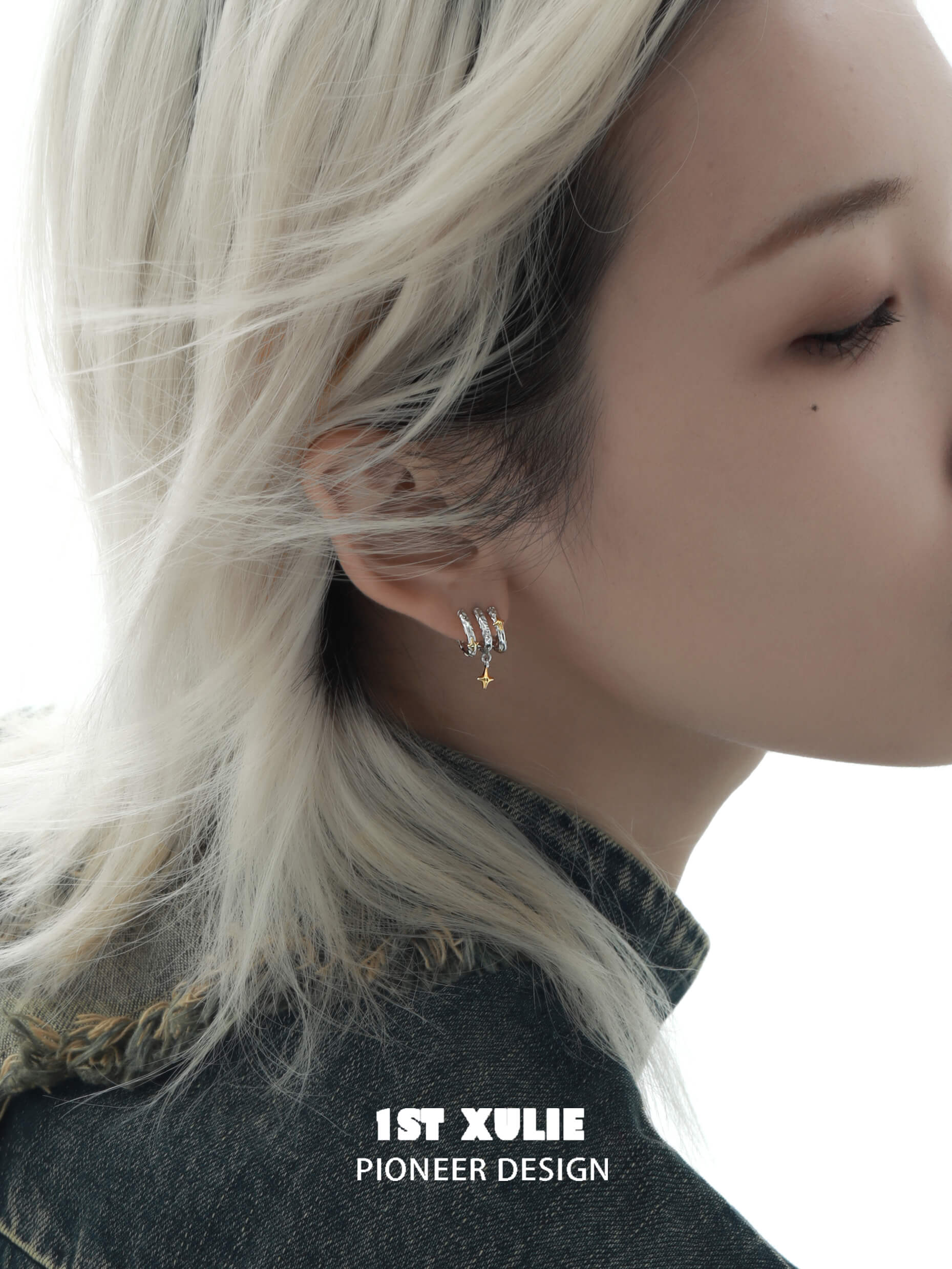 1ST XULIE "Starfall" Celestial Meteorite Stud Earrings in Platinum & Gold - On Model Close-up