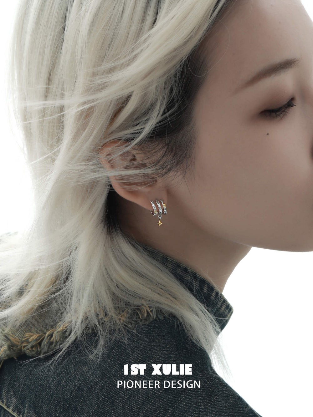 1ST XULIE "Starfall" Celestial Meteorite Stud Earrings in Platinum & Gold - On Model Close-up