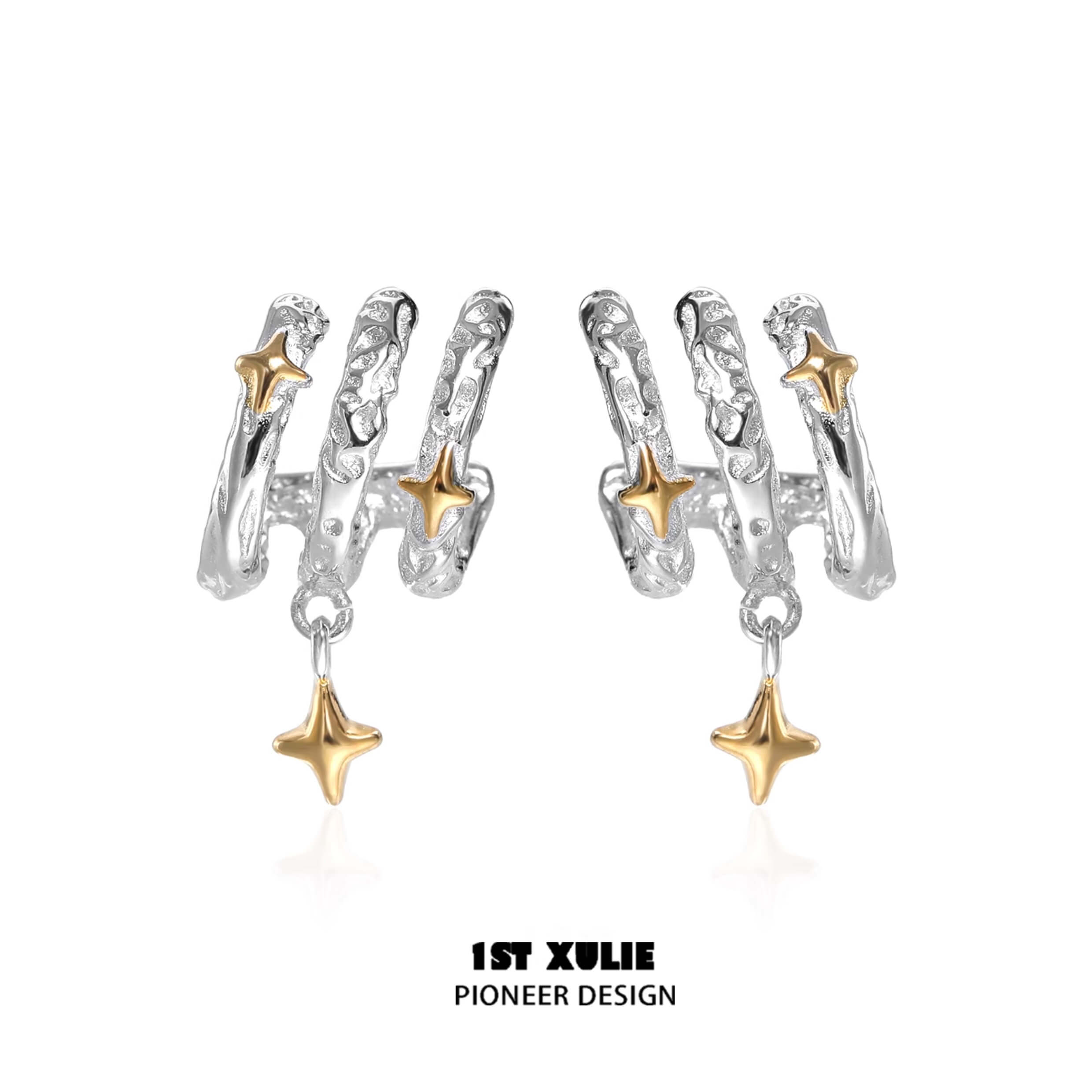 1ST XULIE "Starfall" Celestial Meteorite Stud Earrings in Platinum & Gold - Product View 2