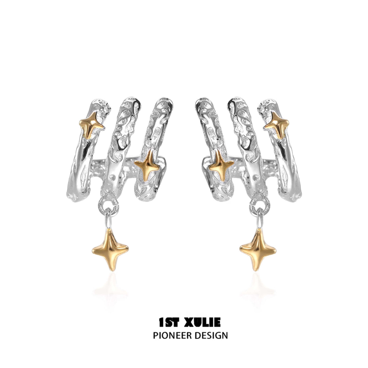 1ST XULIE "Starfall" Celestial Meteorite Stud Earrings in Platinum & Gold - Product View 2