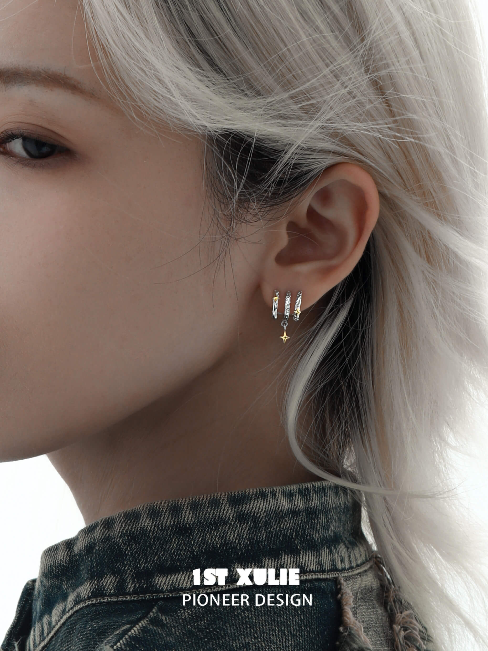 1ST XULIE "Starfall" Celestial Meteorite Stud Earrings in Platinum & Gold - Side View on Model