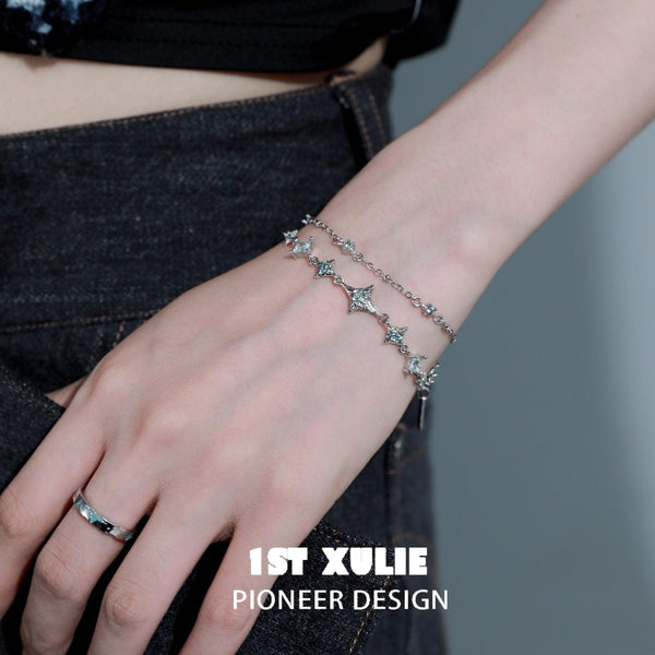 "Starry Night" 925 Sterling Silver Dainty Double Layered Charm Bracelet
