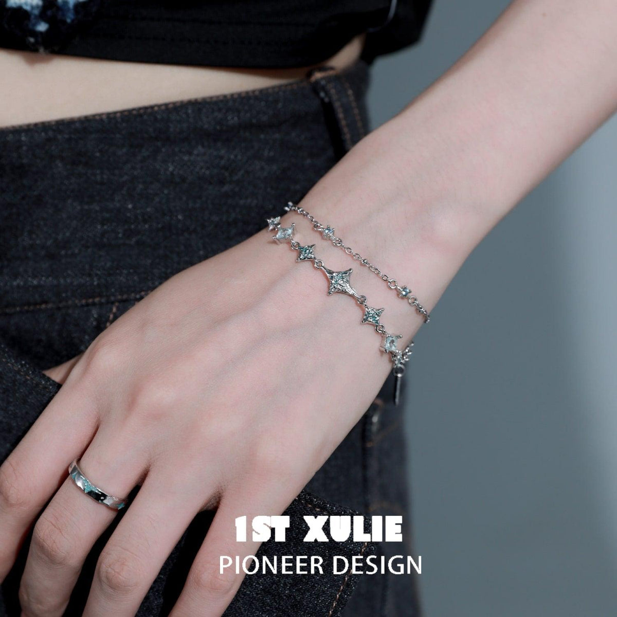 1ST XULIE "Starry Night" Dainty Double Layered Charm Bracelet in 925 Sterling Silver - Product View