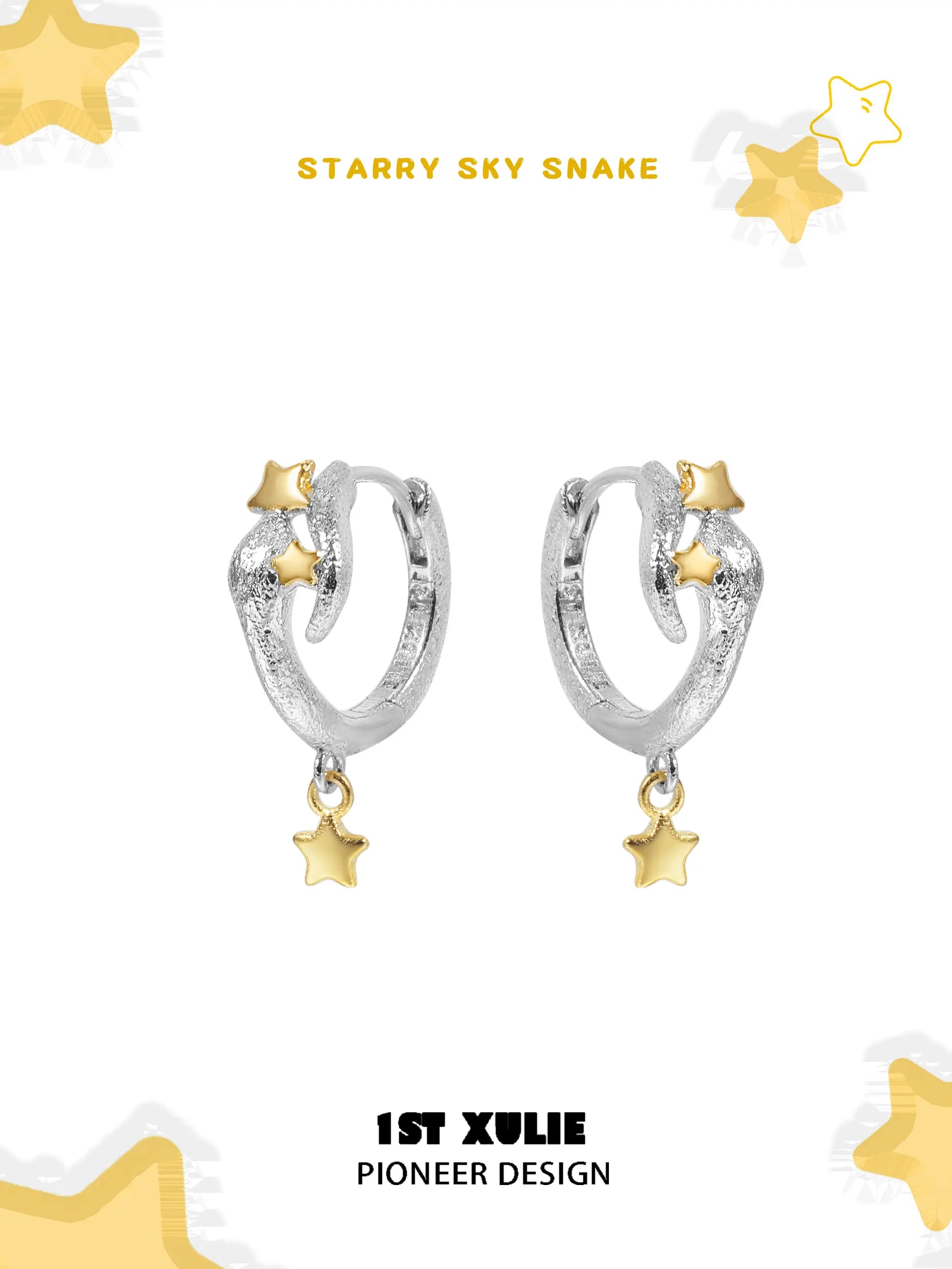 1ST XULIE Starry Sky Snake: Star Dangle Snake Hoop Earrings in White Gold and Gold - Product View