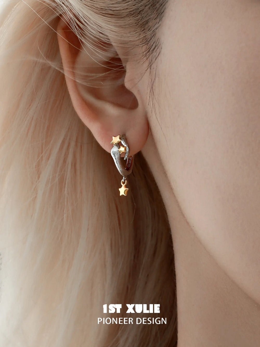 1ST XULIE Starry Sky Snake: Snake Hoop Earrings with Dangling Gold Star - On Model