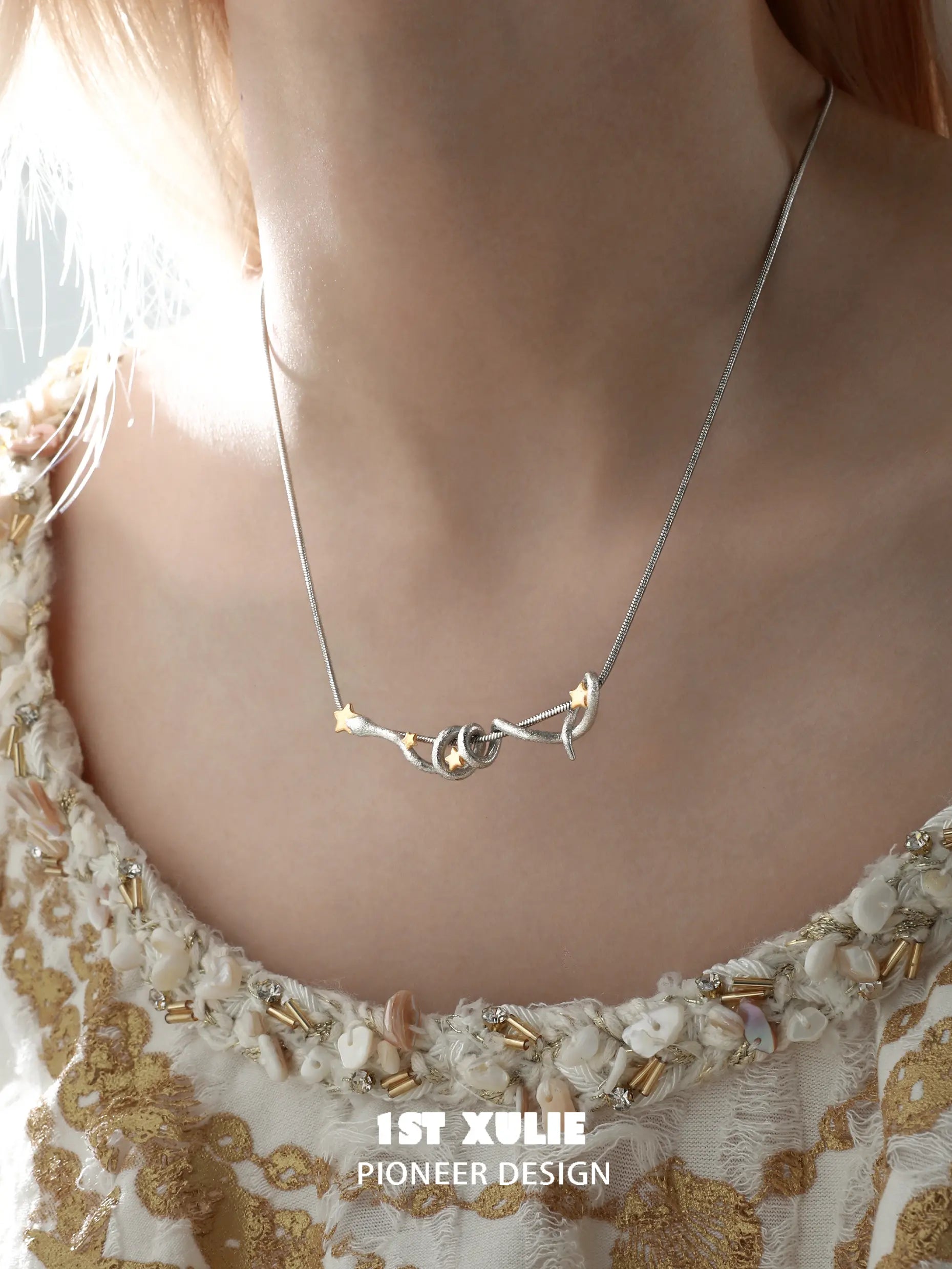 1ST XULIE Starry Sky Snake: Coiled Snake Pendant Necklace with Two-Tone Stars - On Model