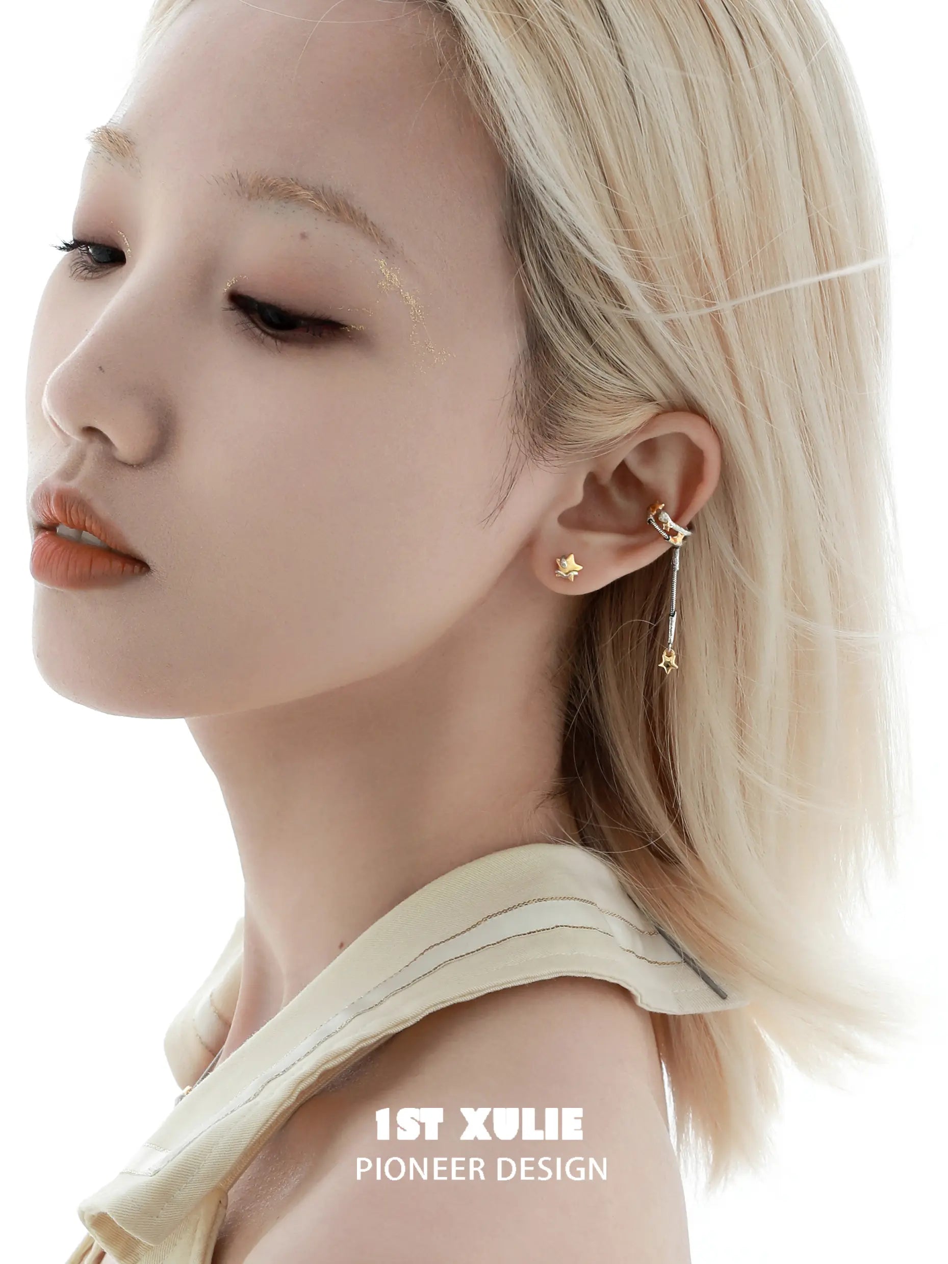 1ST XULIE Starry Sky Snake: Sterling Silver Snake Wrap Star Stud Earrings - On Model