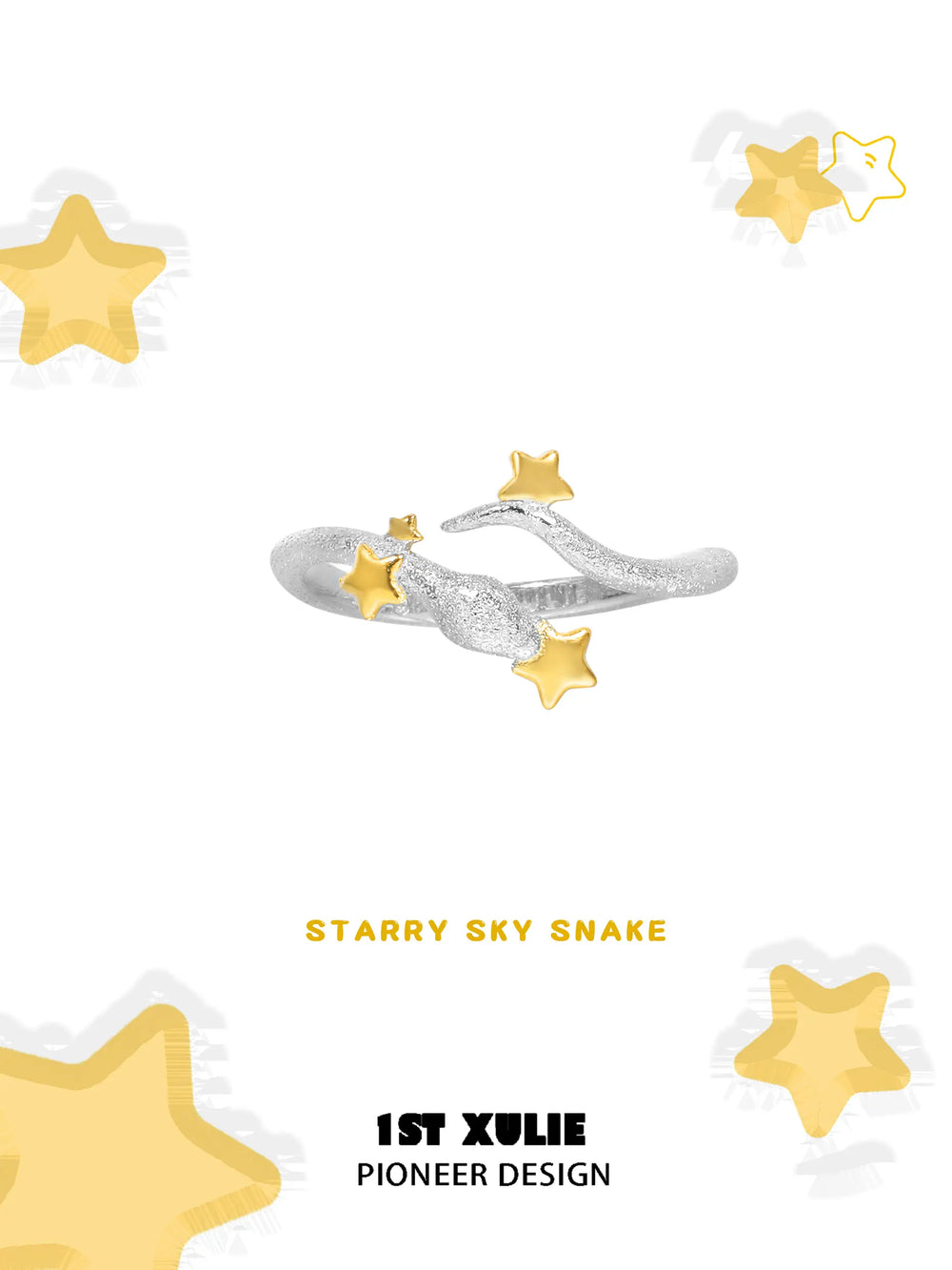 1ST XULIE Starry Sky Snake: Snake Wrap Ring in 925 Silver with Gold Stars - Product View