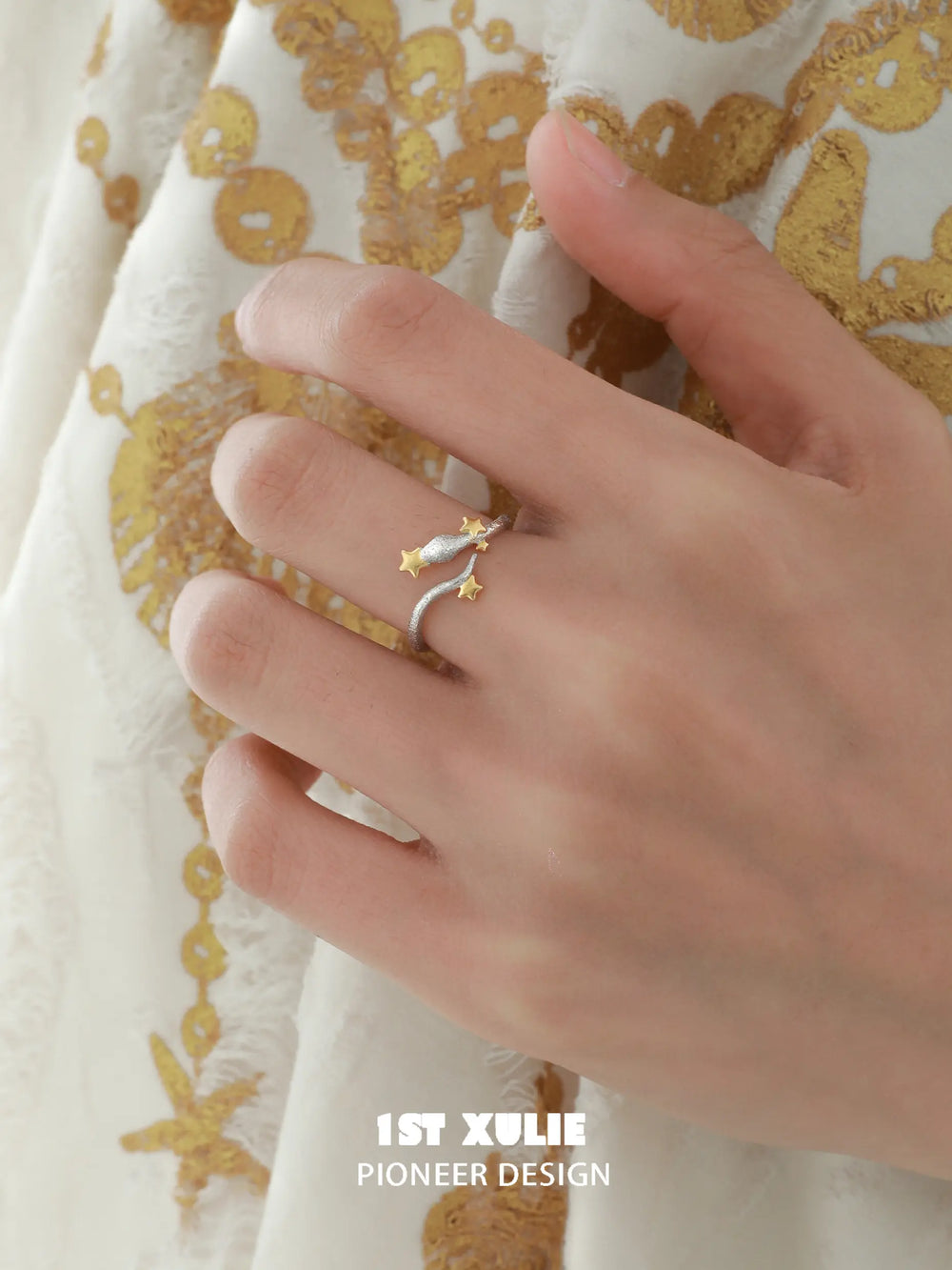 1ST XULIE Starry Sky Snake: Sterling Silver Snake Wrap Ring with Gold Stars - On Model