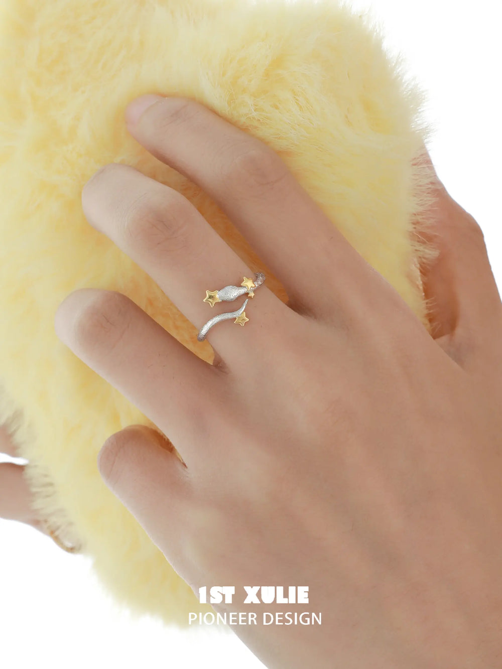 1ST XULIE Starry Sky Snake: Sterling Silver Snake Wrap Ring with Gold Stars - On Model