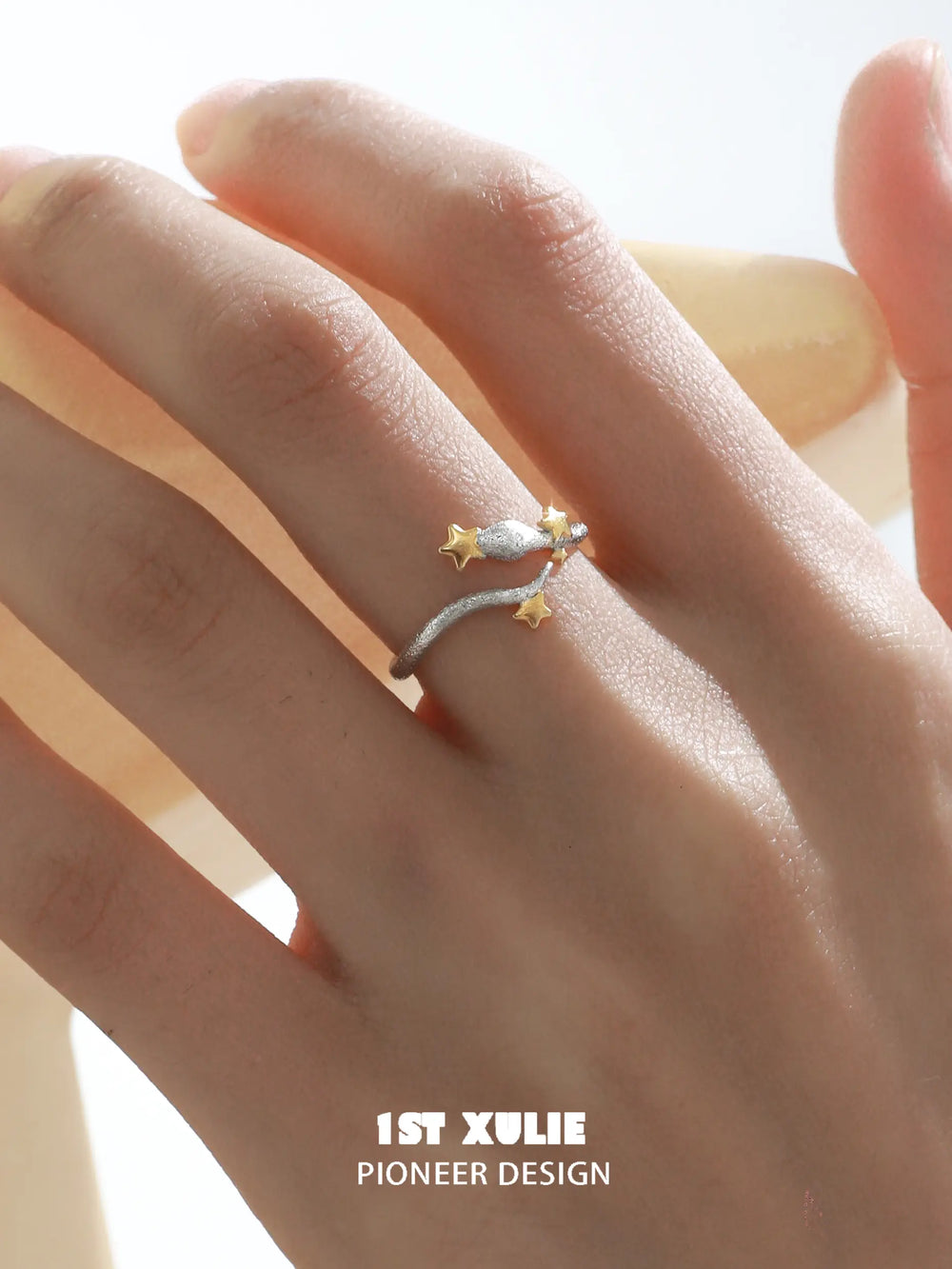 1ST XULIE Starry Sky Snake: Sterling Silver Snake Wrap Ring with Gold Stars - On Model