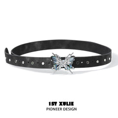 1ST XULIE "Butterfly Wasteland" Statement Abalone Butterfly Buckle Belt in Genuine Leather - Lifestyle Shot