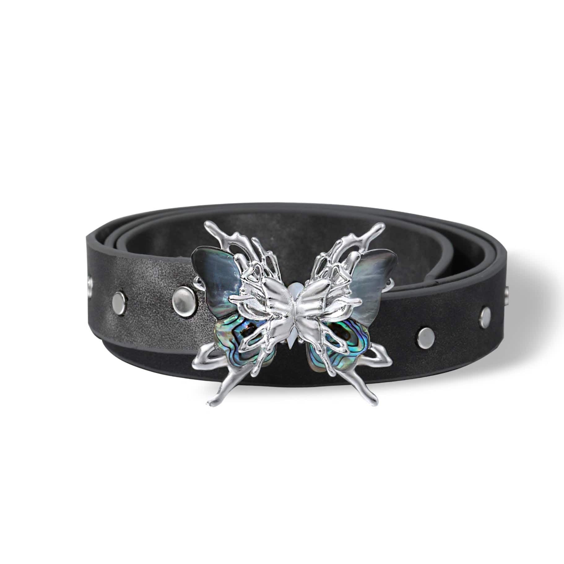 1ST XULIE "Butterfly Wasteland" Statement Abalone Butterfly Buckle Belt in Genuine Leather - Side View