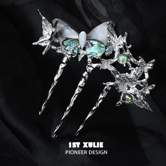 1ST XULIE "ButterflyWasteland" Statement Abalone Shell Butterfly Hairpin in Platinum Plated - Detail Shot
