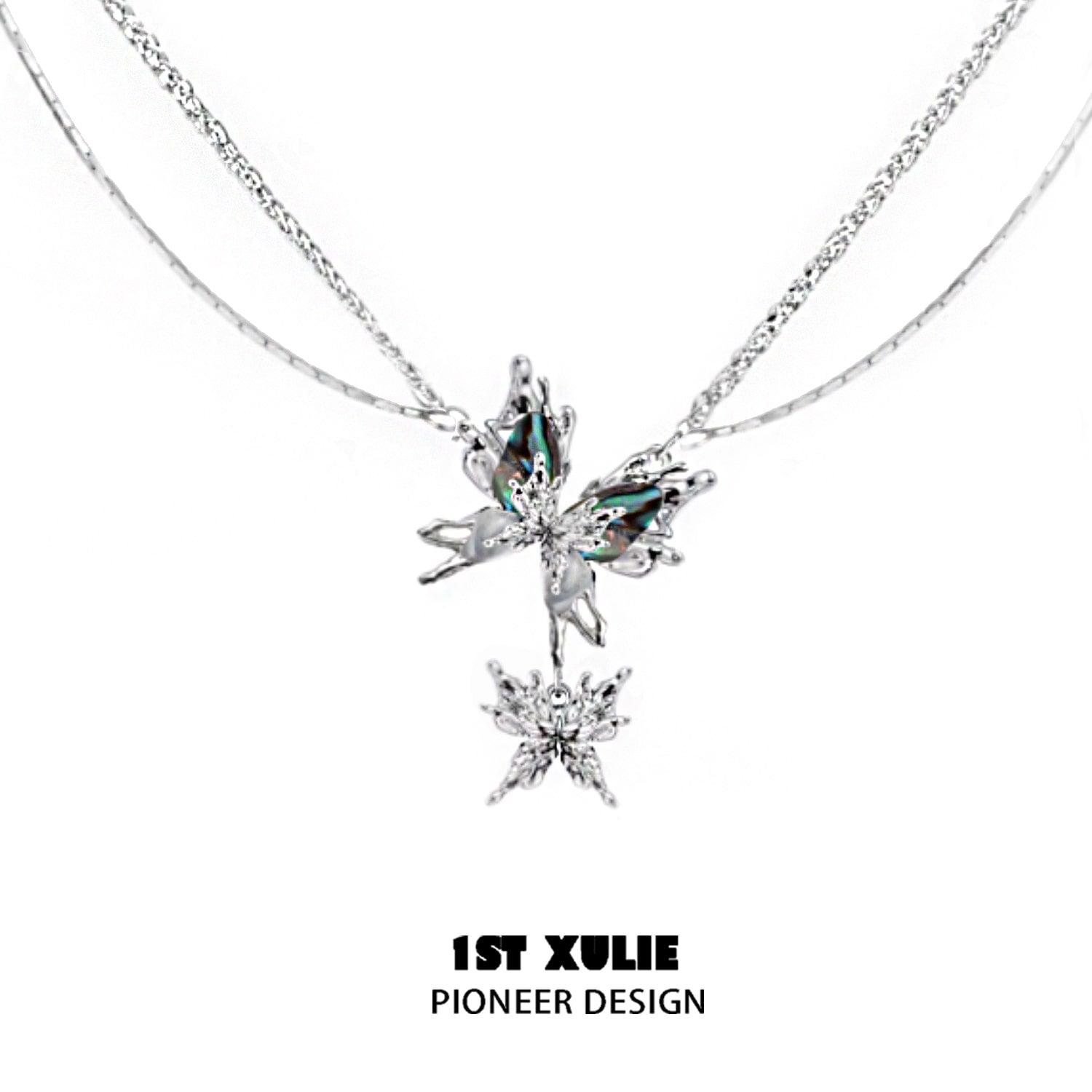 1ST XULIE "Butterfly Wasteland" Statement Abalone Shell Butterfly Necklace in Platinum Plated & Titanium Steel - Detail Shot