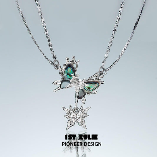 1ST XULIE "Butterfly Wasteland" Statement Abalone Shell Butterfly Necklace in Platinum Plated & Titanium Steel - Product View