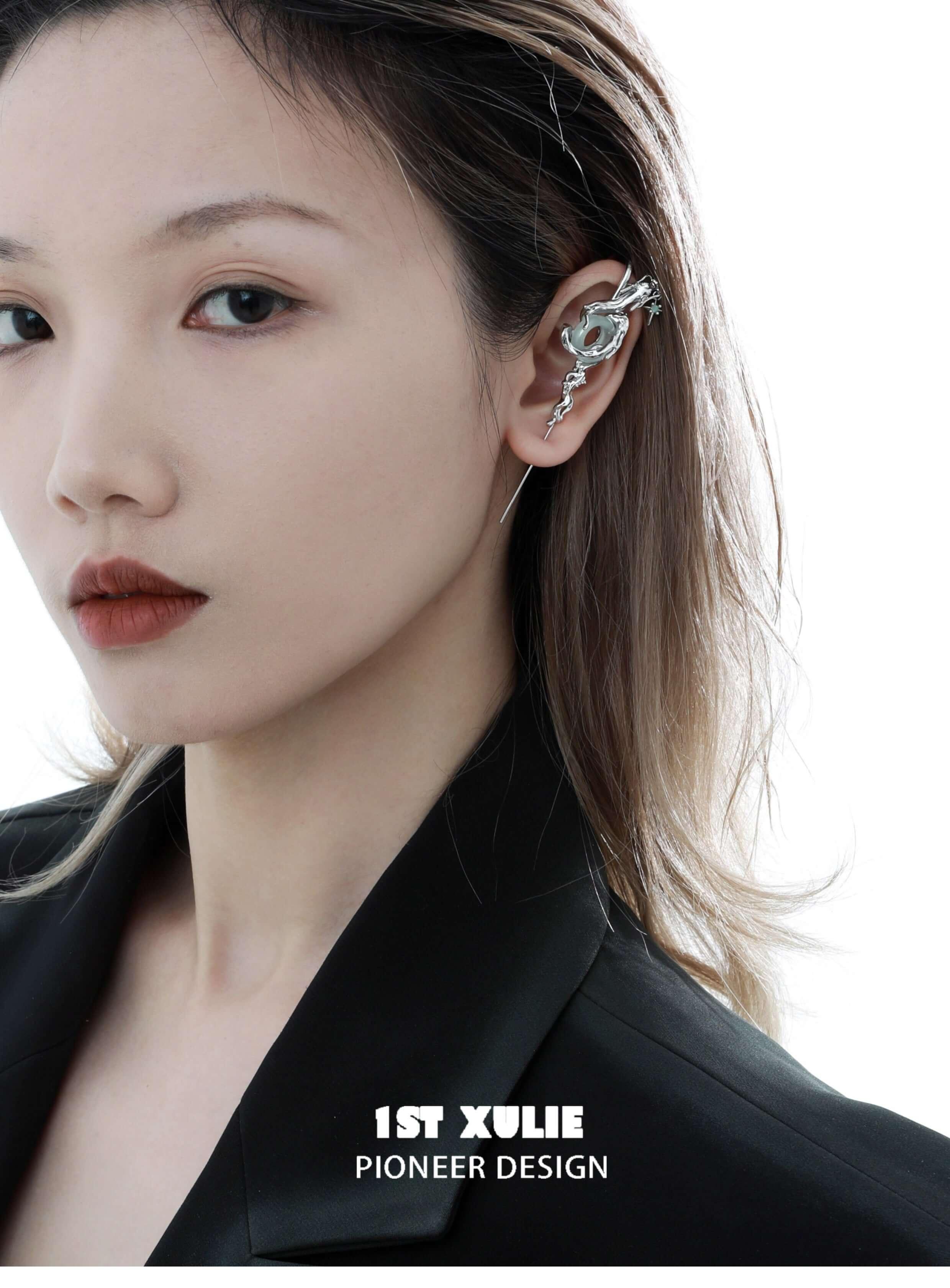 1ST XULIE "Loong" Statement Abstract Dragon Dangle Earrings in Platinum Plated - Back View