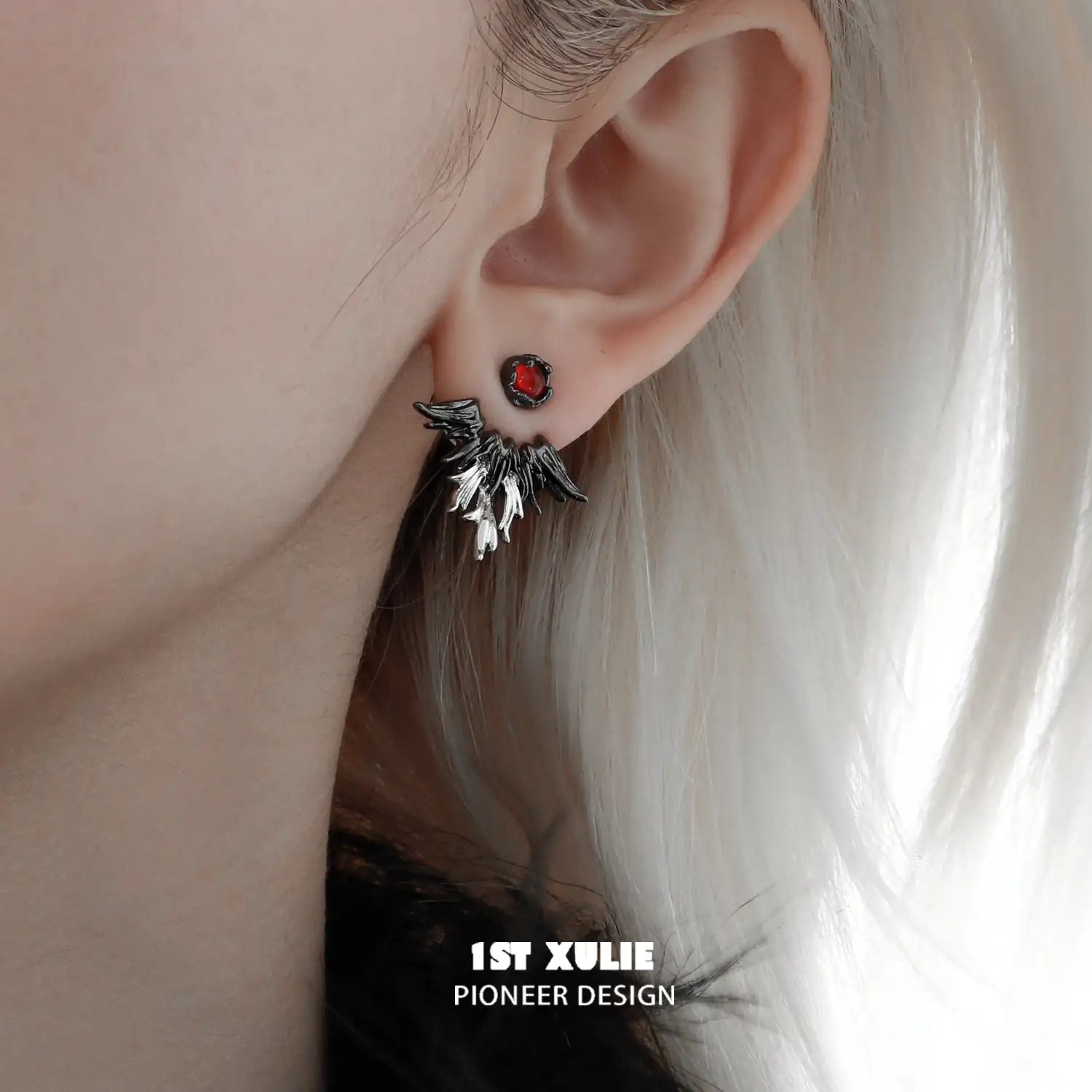1ST XULIE "Lucifer" Statement Angel Wing Cherub Stud Earrings in Platinum Plated - Detail Shot