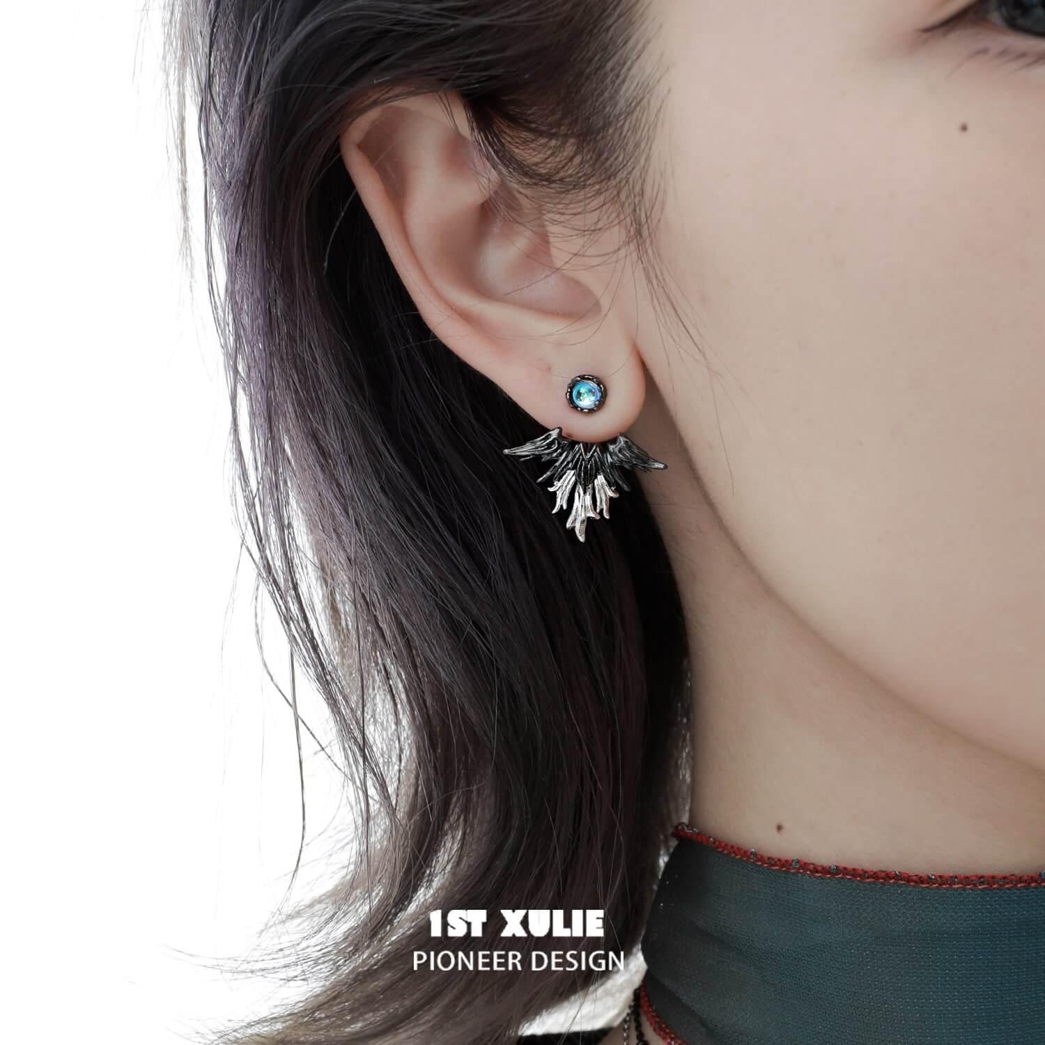 1ST XULIE "Lucifer" Statement Angel Wing Cherub Stud Earrings in Platinum Plated - On Model
